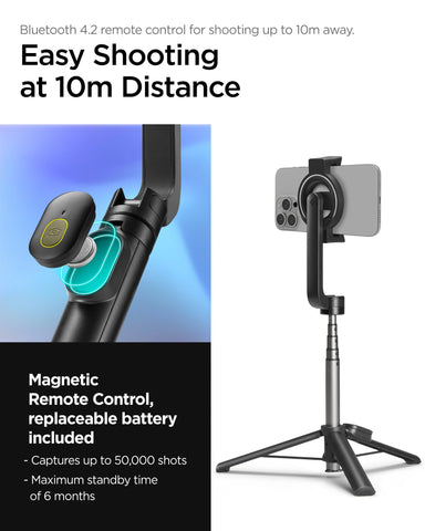 Selfie Stick Tripod Optimized for Magsafe Cases, Enhanced Stability with Rubber Holder with Wireless Bluetooth Remote - Black