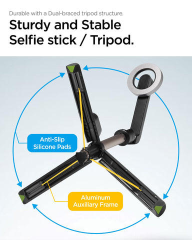 Selfie Stick Tripod Optimized for Magsafe Cases, Enhanced Stability with Rubber Holder with Wireless Bluetooth Remote - Black