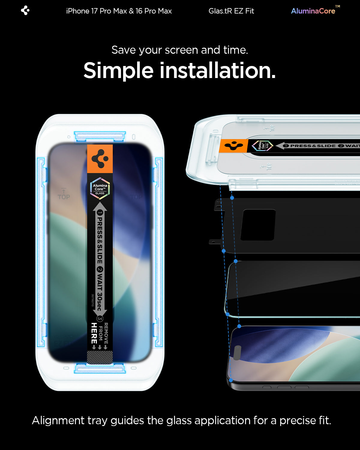 AGL07907 - iPhone 17 Pro Max GLAS.tR EZ Fit | Sensor Protected showing the simple installation. Save your screen and time.