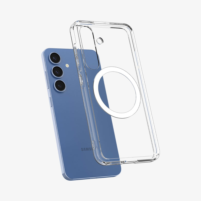 ACS08981 - Galaxy S25 Plus Case Ultra Hybrid Metal Ring (MagFit) in Clear White showing the back, partial side and bottom hovering above the device