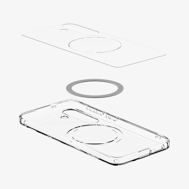 ACS08981 - Galaxy S25 Plus Case Ultra Hybrid Metal Ring (MagFit) in Clear White showing the inner layer, hovering above the detached magring and the case