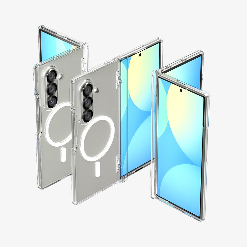 ACS09546 - Galaxy Z Fold 7 Ultra Hybrid Pro (MagFit) showing the front, partial front, back, partial back and hinge of 3 devices aligned with each other