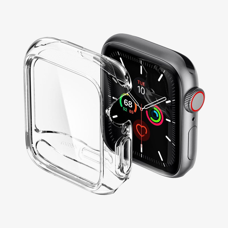 ACS00428 - Apple Watch Series (44mm) Case Ultra Hybrid in crystal clear showing the case hovering in front of watch face