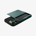 ACS04561 - iPhone 13 Pro Case Slim Armor CS in midnight green showing the back, side and top with card slot open