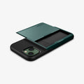 ACS04563 - iPhone 13 Case Slim Armor CS in midnight green showing the back, side and top with card slot open