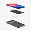 ACS09918 - iPhone 17 Air Thin Fit (MagFit) in Gunmetal showing the device hovering above the detached inner layer, metal ring plate and the case