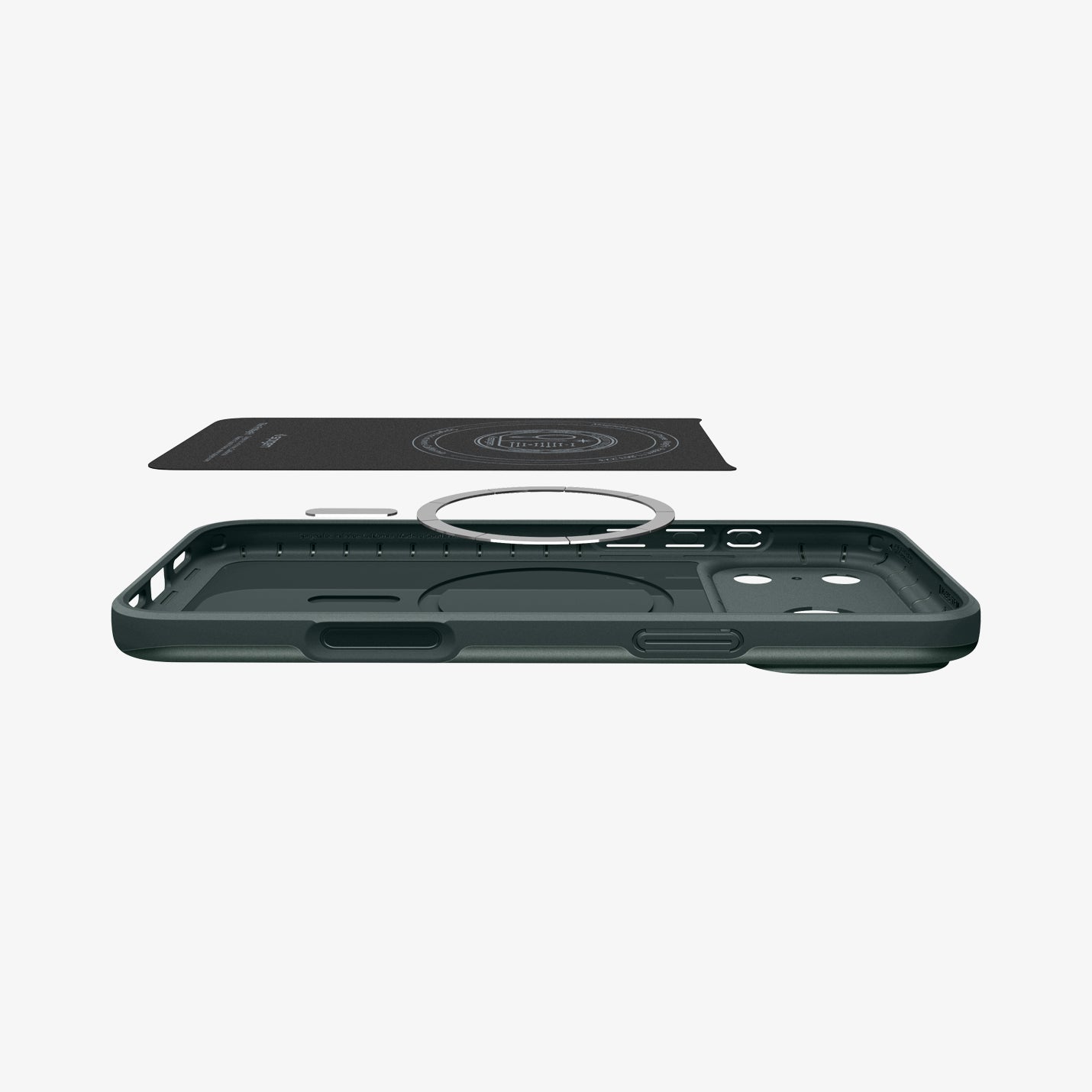 ACS09935 - iPhone 17 Pro Thin Fit (MagFit) in Abyss Green showing the inner layer hovering above the detached magnet ring plate and the case