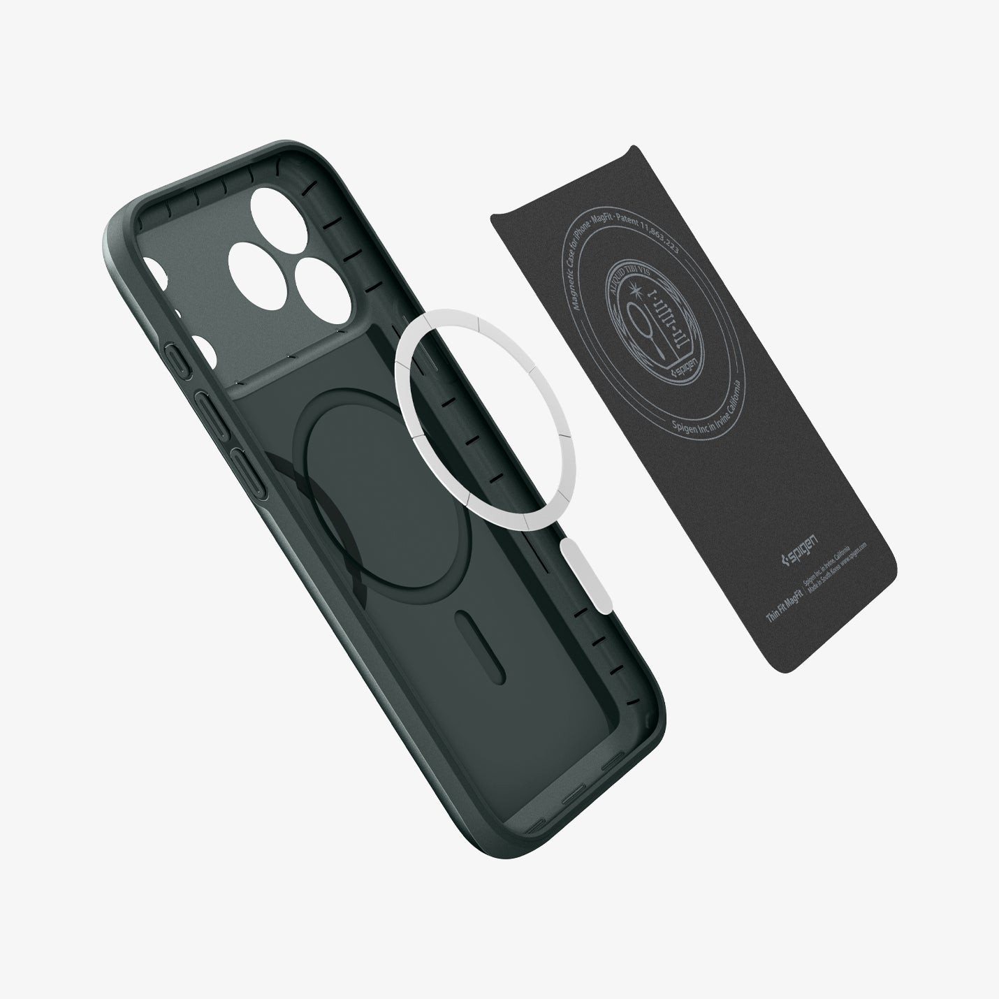 ACS09935 - iPhone 17 Pro Thin Fit (MagFit) in Abyss Green showing the inner layer hovering from detached magnet ring plate and the case