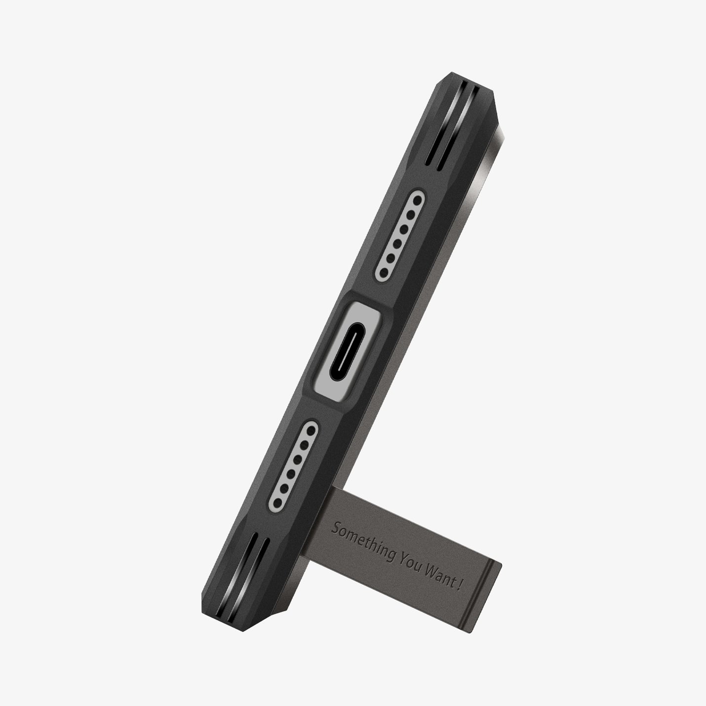 ACS09898 - iPhone 17 Pro Max Case Tough Armor T AI (MagFit) in gunmetal showing the bottom with device propped up by kickstand