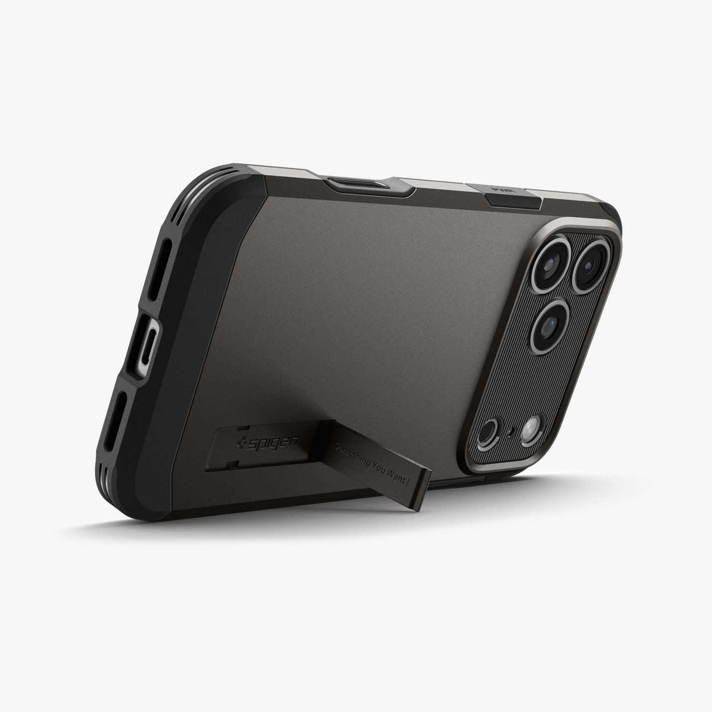ACS09898 - iPhone 17 Pro Max Case Tough Armor T AI (MagFit) in gunmetal showing the back with device propped up by built in kickstand