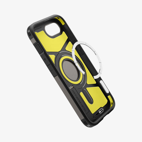 ACS09136 - iPhone 16e Case Tough Armor AI (MagFit) in Gunmetal showing the inner and partial side with metal ring detached, hovering in front
