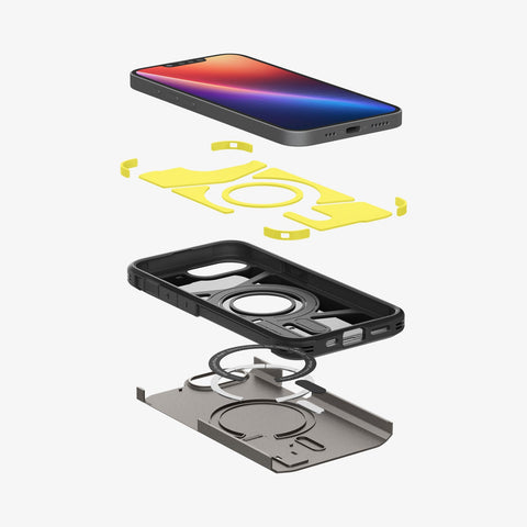 ACS09136 - iPhone 16e Case Tough Armor AI (MagFit) in Gunmetal showing the device hovering above the detached impact foam, frame, metal ring and the back layer of the case