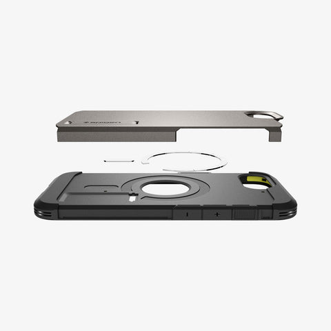 ACS09136 - iPhone 16e Case Tough Armor AI (MagFit) in Gunmetal showing the back layer hovering above the detached metal ring and the rest of the case