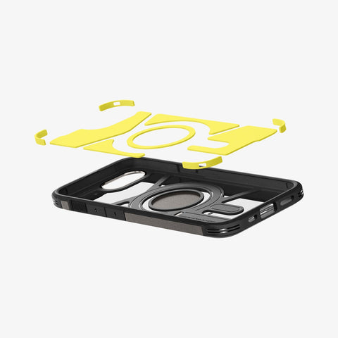 ACS09136 - iPhone 16e Case Tough Armor AI (MagFit) in Gunmetal showing the impact foam hovering above the case