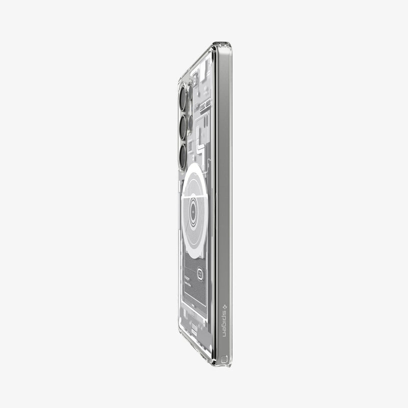 ACS08958 - Galaxy S25 Ultra Case Ultra Hybrid Metal Ring Zero One (MagFit) in Zero One White showing the partial back and side