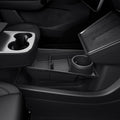 ACP11169 - Tesla Series - Center Console Organizer Lower Tray | TO220LYS in Black showing slide-out tray design with multiple compartments and integrated cup holder fitted beneath the center console armrest.