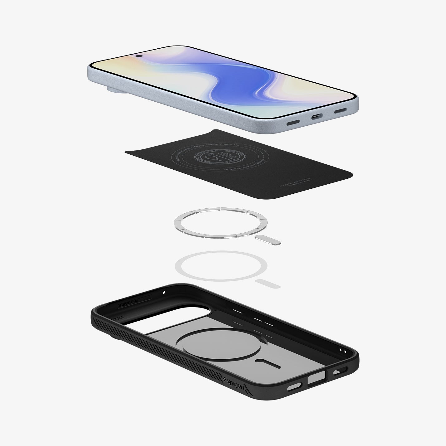 ACS09695 - Pixel 10 / Pixel 10 Pro Case Liquid Air (MagFit) in matte black showing the multiple layers of case hovering below the device