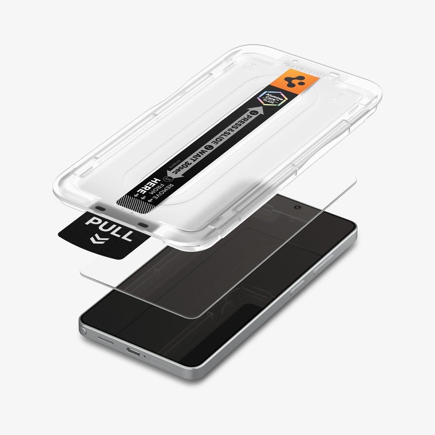 AGL11068 - Galaxy S26 Ultra GLAS.tR EZ Fit Pro showing the installation tray partially hovering above the screen protector and the device