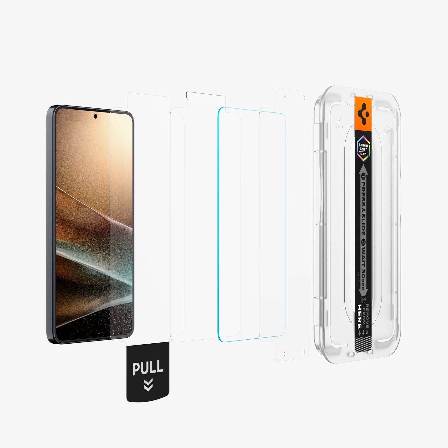 AGL11091 - Galaxy S26 GLAS.tR EZ Fit Pro showing the installation tray hovering in front of a screen film screen, screen protector and the device