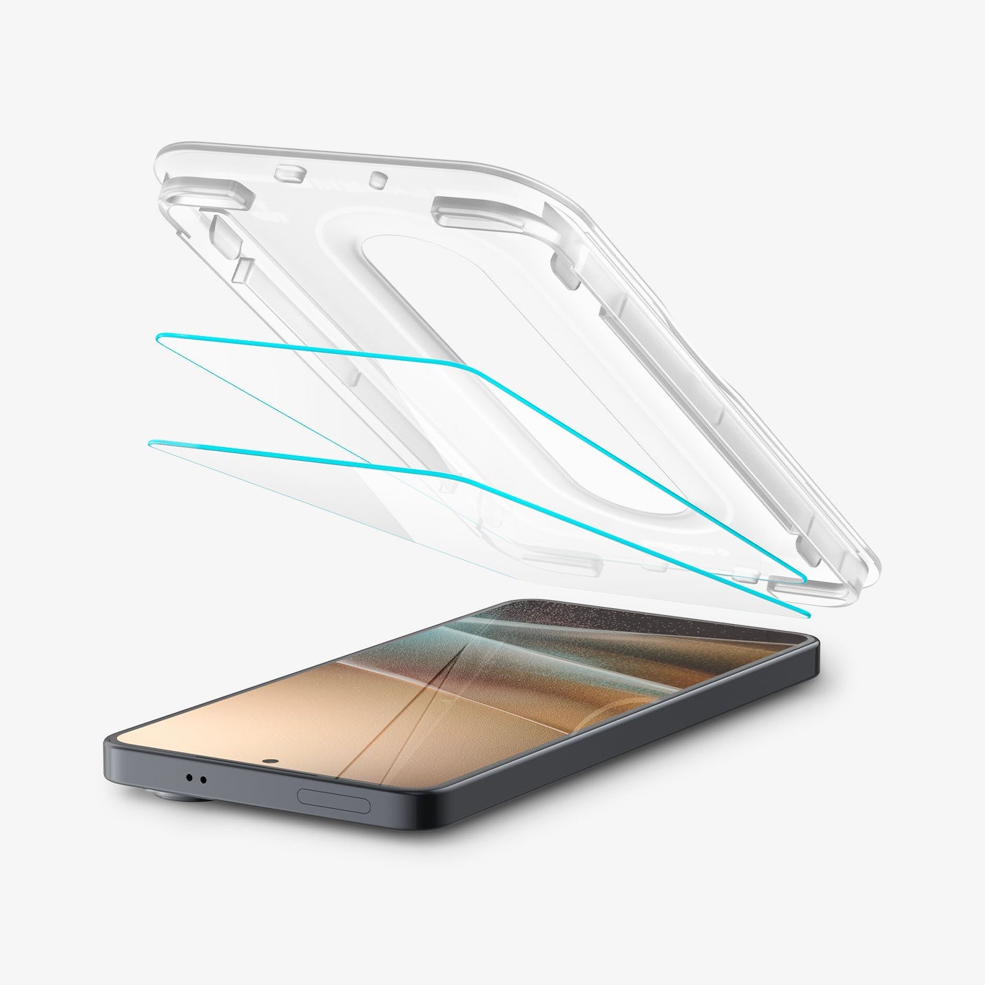 AGL11091 - Galaxy S26 GLAS.tR EZ Fit Pro showing the installation tray hovering above the 2 screen protector and the device, beside it is another installation tray
