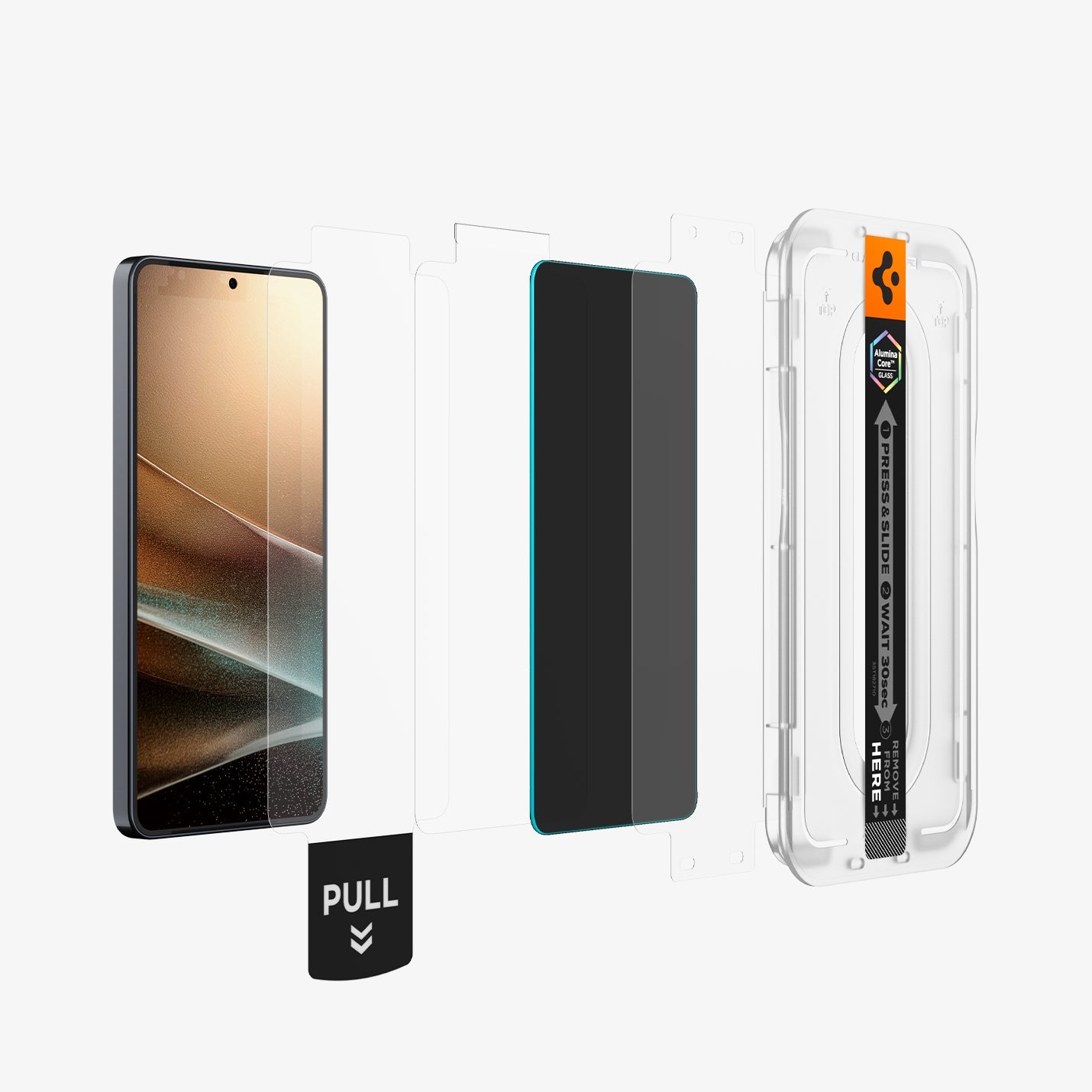 AGL11093 - Galaxy S26 GLAS.tR EZ Fit Pro | Privacy showing the installation tray hovering in front of a screen film screen, screen protector and the device