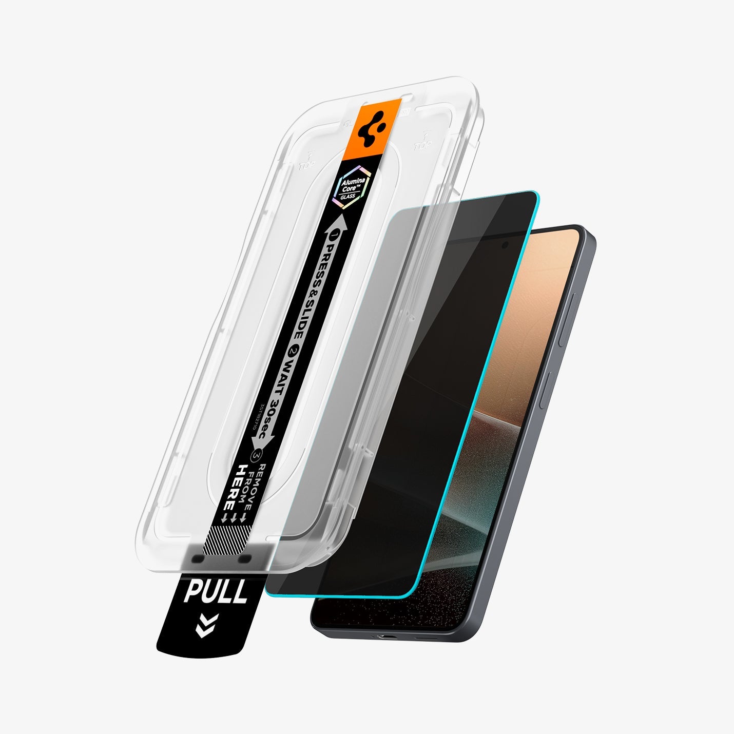 AGL11093 - Galaxy S26 GLAS.tR EZ Fit Pro | Privacy showing the installation tray partially hovering above the screen protector and the device