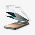 AGL11093 - Galaxy S26 GLAS.tR EZ Fit Pro | Privacy showing the installation tray partially hovering above the screen protector and the device