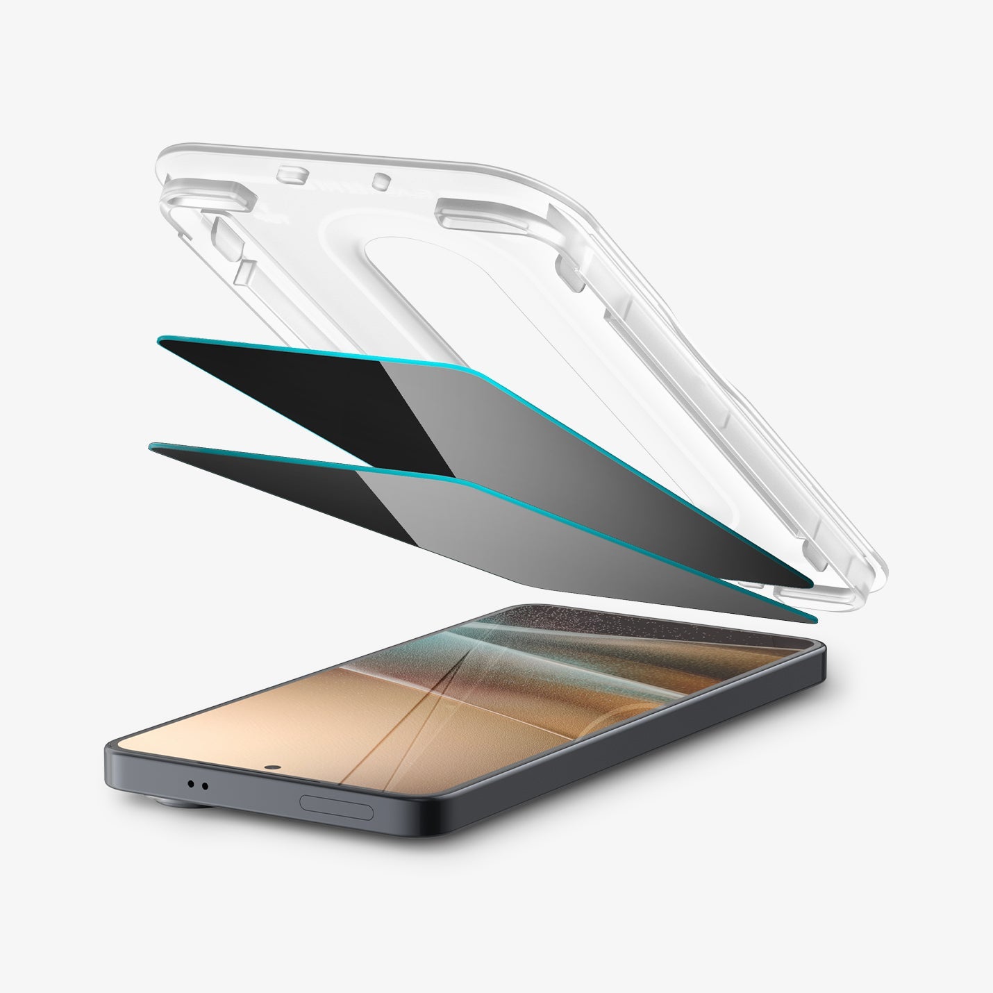 AGL11081 - Galaxy S26 Plus GLAS.tR EZ Fit Pro | Privacy showing the installation tray partially hovering above the screen protector and the device