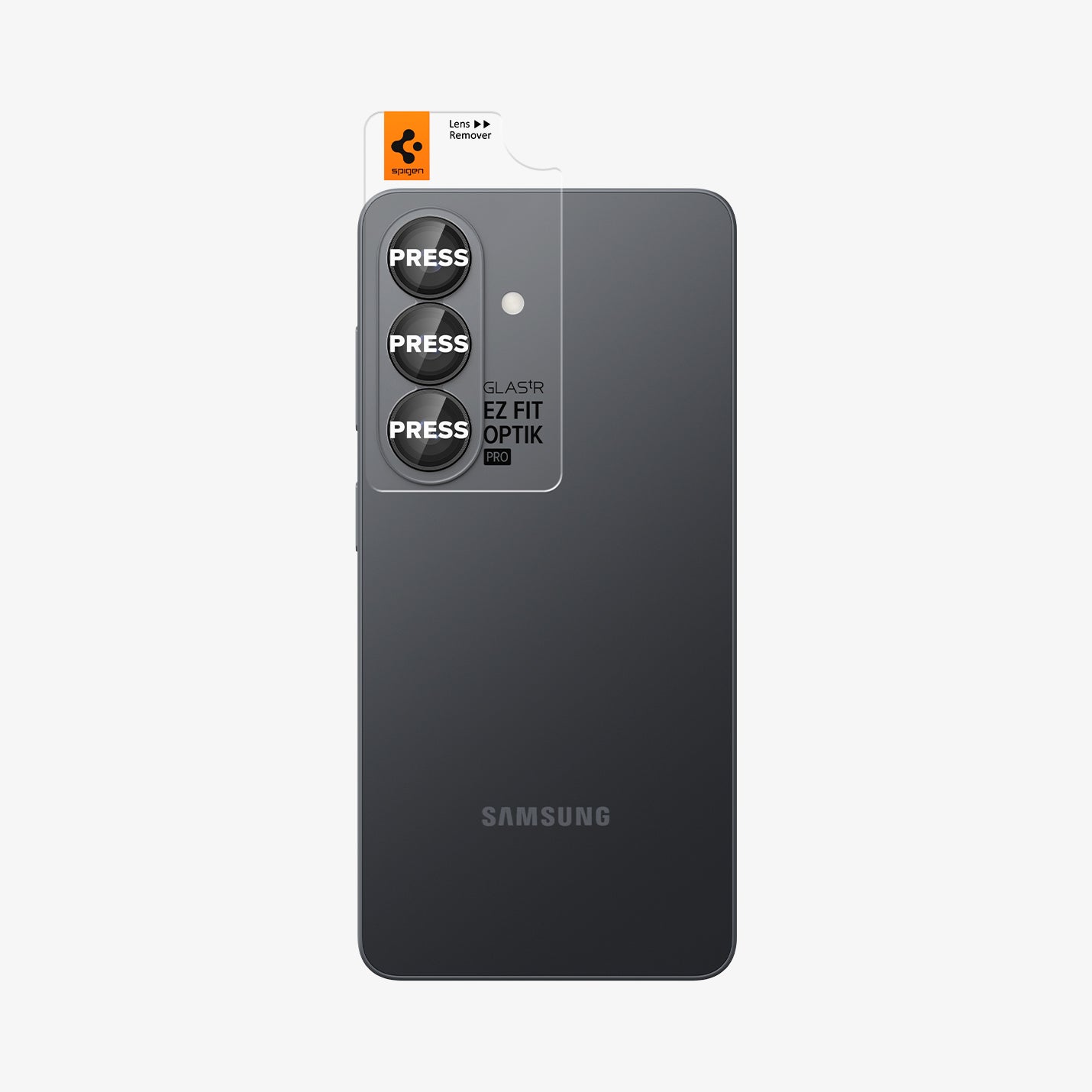 AGL11082 - Galaxy S26 Plus Optik EZ Fit Lens Pro Protector showing the lens protector tray with lens protector attached to the device