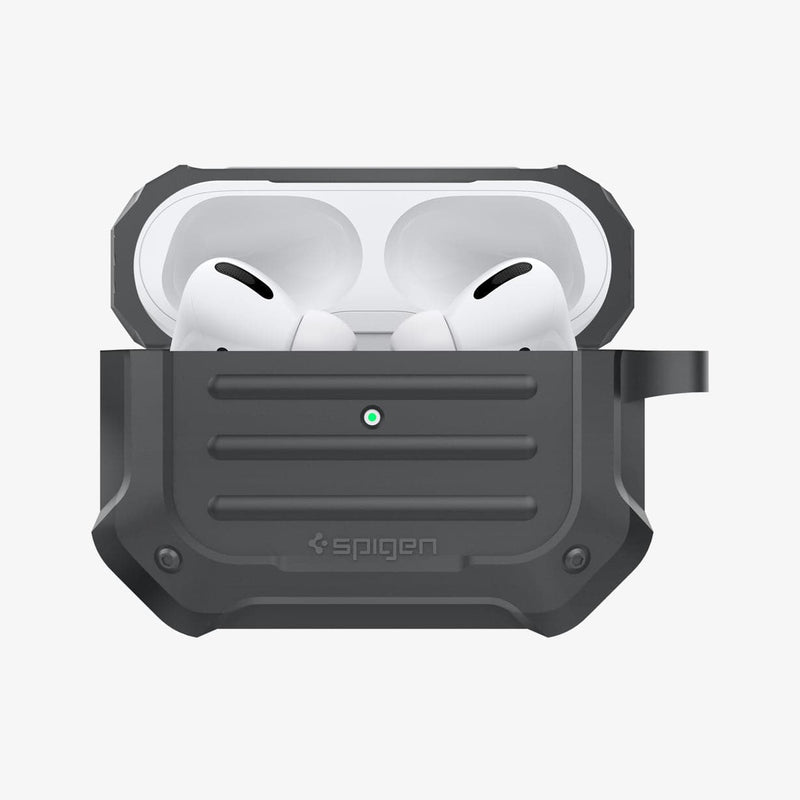 ASD00538 - Apple AirPods Pro Case Tough Armor in charcoal showing the front with top open and AirPods inside