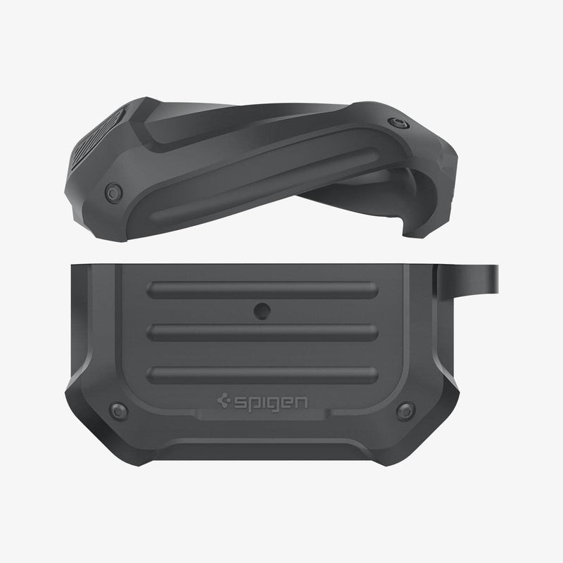 ASD00538 - Apple AirPods Pro Case Tough Armor in charcoal showing the front with top half of case bending and hovering above the bottom half