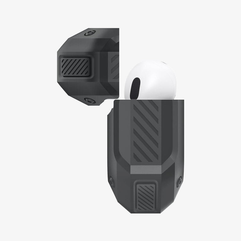 ASD00538 - Apple AirPods Pro Case Tough Armor in charcoal showing the side with top open and AirPods inside