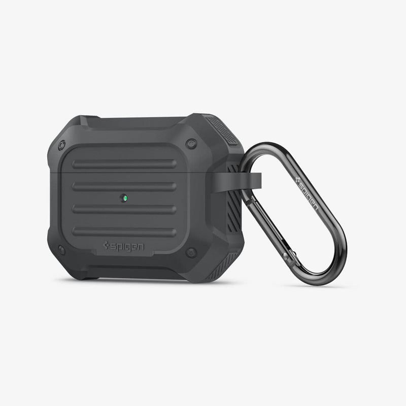 ASD00538 - Apple AirPods Pro Case Tough Armor in charcoal showing the front, side and carabiner