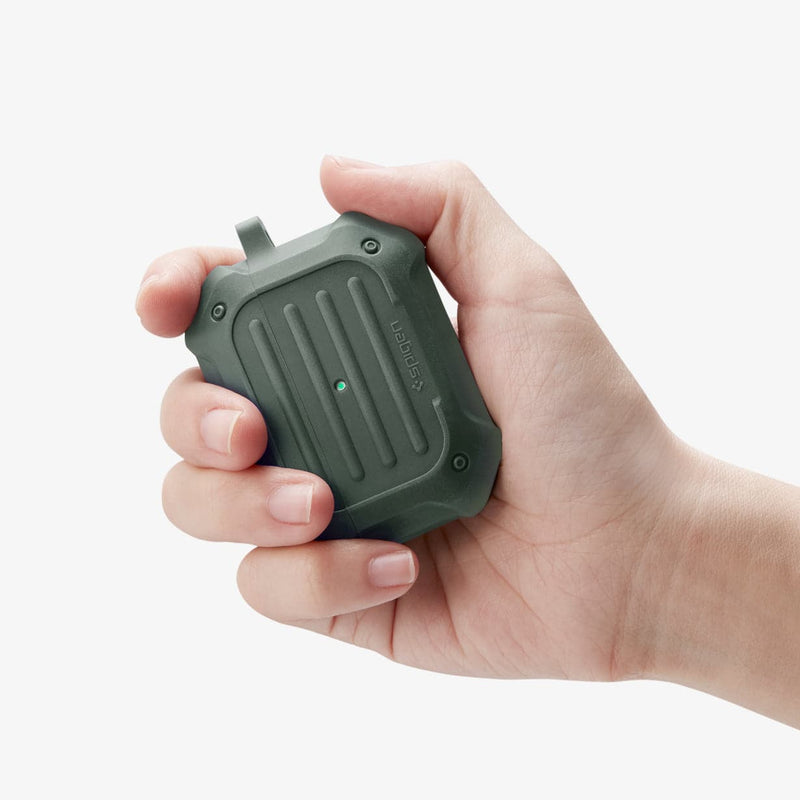 ASD00539 - Apple AirPods Pro Case Tough Armor in military green showing the front with case in someone's hand