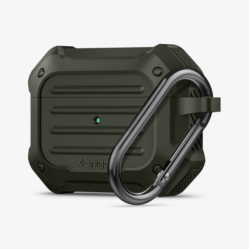 ASD00539 - Apple AirPods Pro Case Tough Armor in military green showing the front, side and carabiner