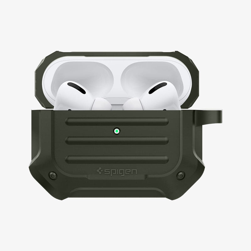 ASD00539 - Apple AirPods Pro Case Tough Armor in military green showing the front with top open and AirPods inside