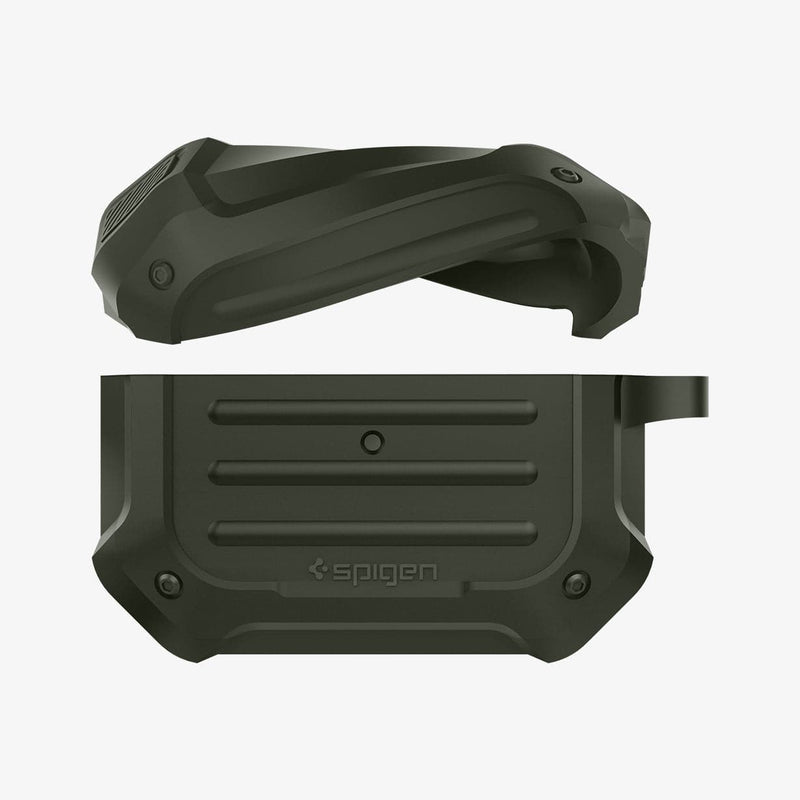 ASD00539 - Apple AirPods Pro Case Tough Armor in military green showing the front with top half of case bending and hovering above the bottom half