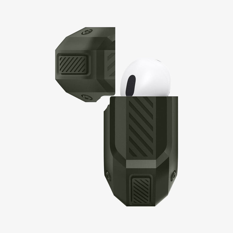 ASD00539 - Apple AirPods Pro Case Tough Armor in military green showing the side with top open and AirPods inside