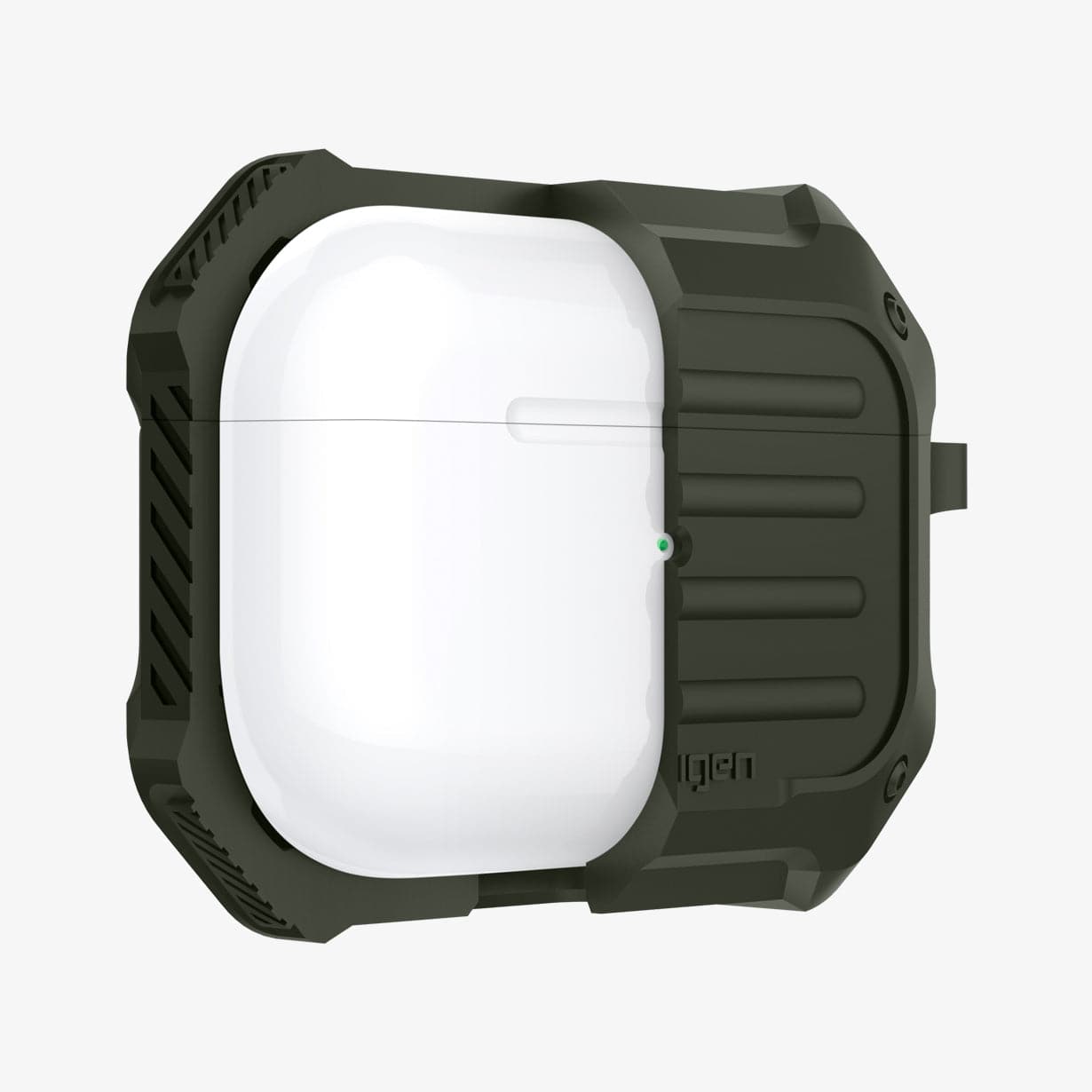 ASD00539 - Apple AirPods Pro Case Tough Armor in military green showing the front with case cut half open