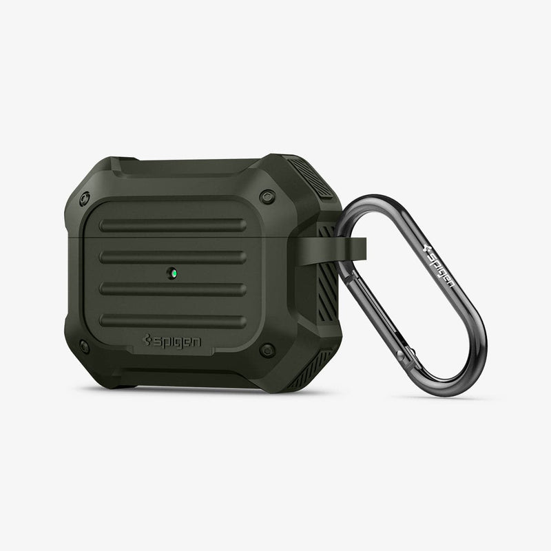 ASD00539 - Apple AirPods Pro Case Tough Armor in military green showing the front, side and carabiner