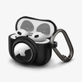 ACS03168 - Apple AirPods 3 Tag Armor Duo in black showing the front and side with carabiner and top open with AirPods inside