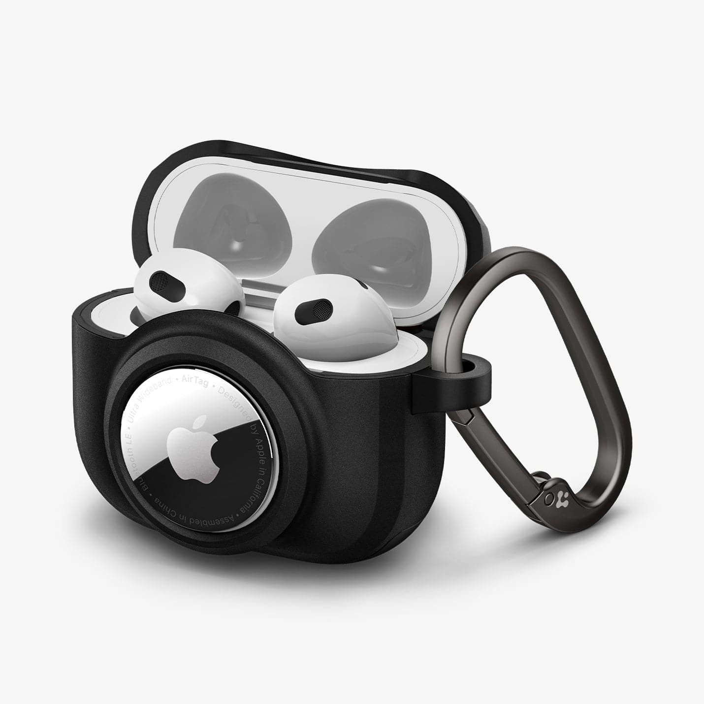 ACS03168 - Apple AirPods 3 Tag Armor Duo in black showing the front and side with carabiner and top open with AirPods inside