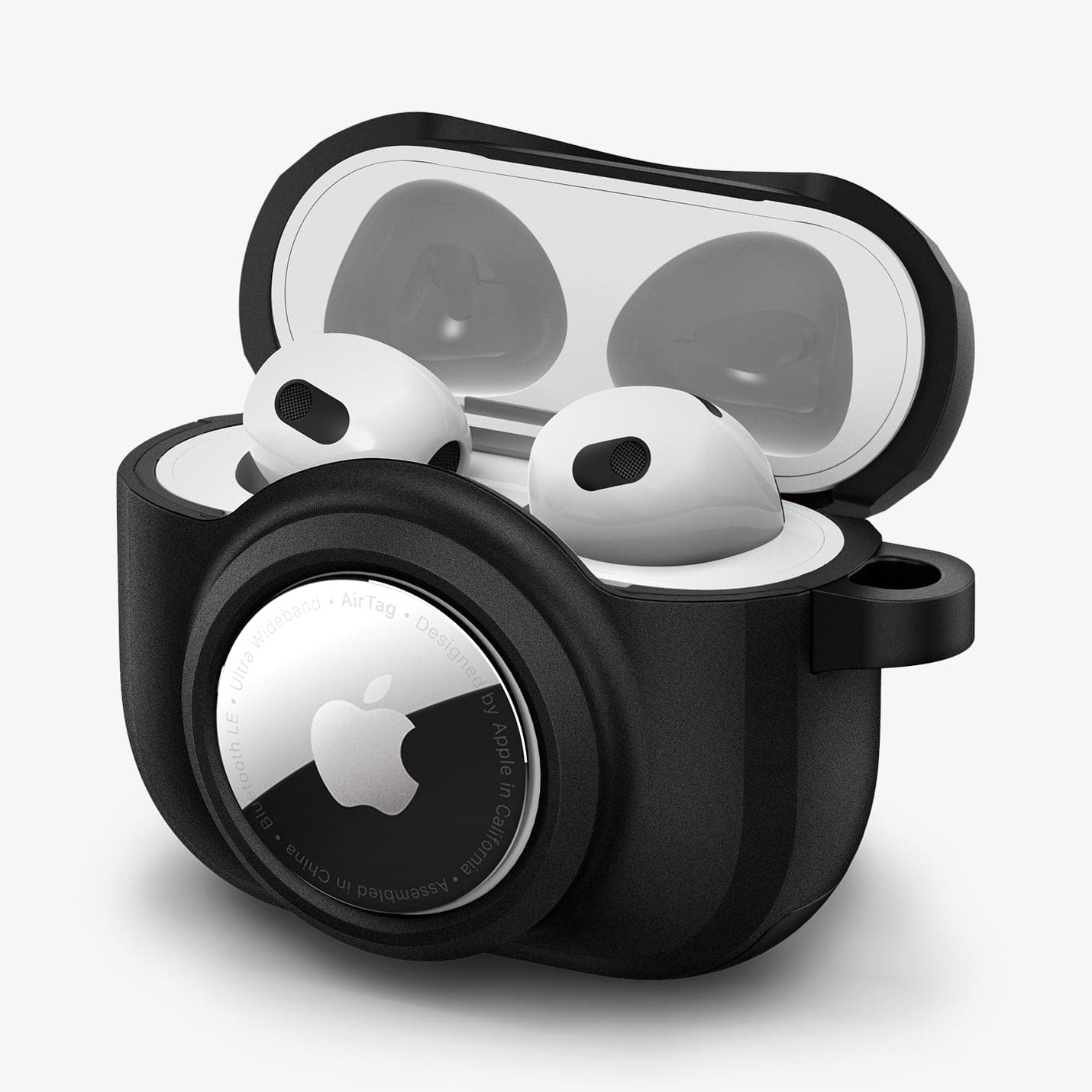 ACS03168 - Apple AirPods 3 Tag Armor Duo in black showing the front, side and top open with AirPods inside