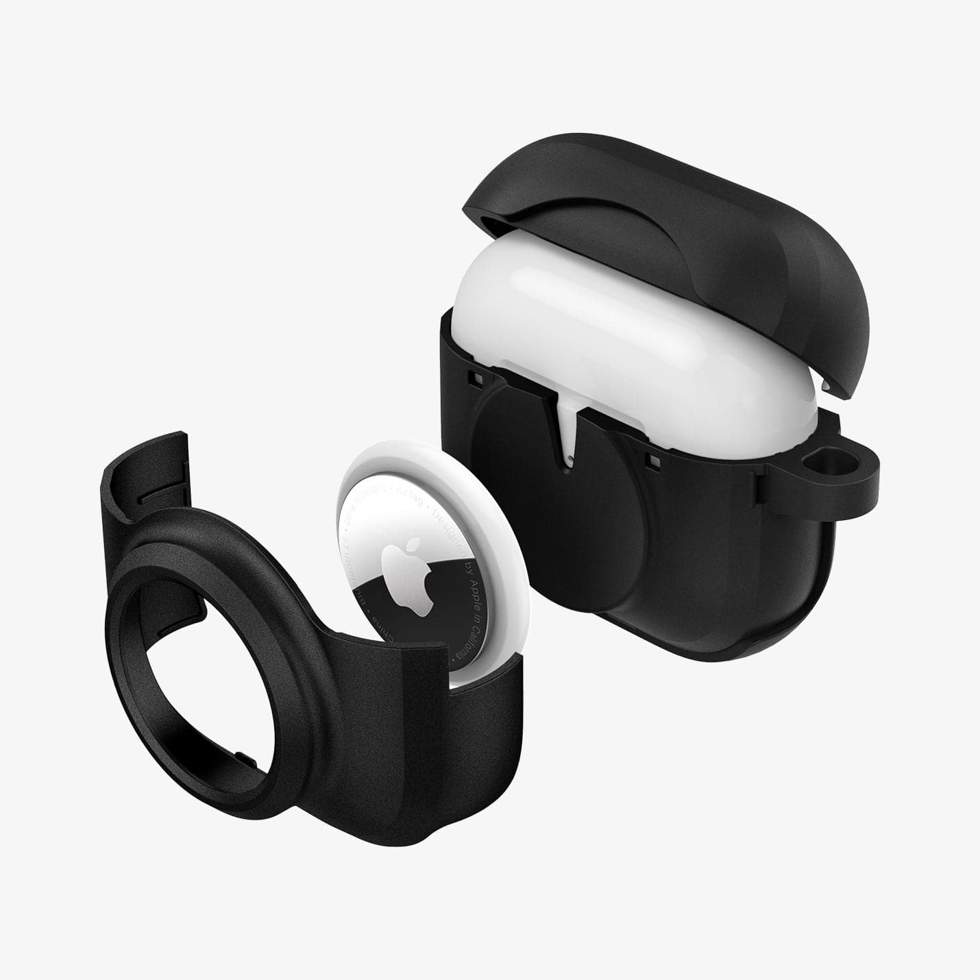 ACS03168 - Apple AirPods 3 Tag Armor Duo in black showing the airtag slot layer and airtag hovering in front of case