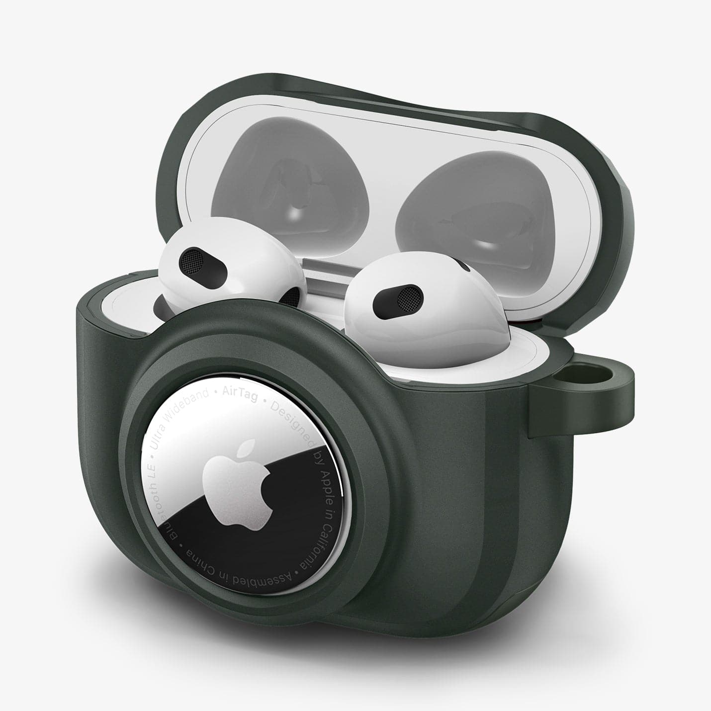 ACS04393 - Apple AirPods 3 Case Tag Armor Duo in military green showing the front, side and top open with AirPods inside