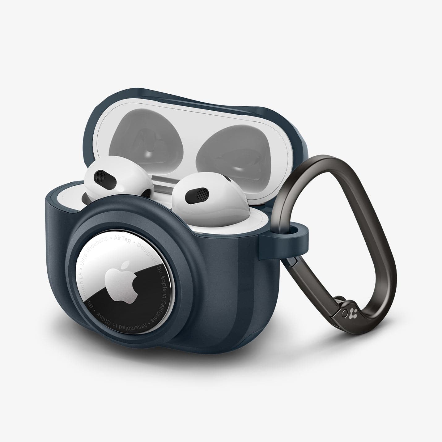 ACS04392 - Apple AirPods 3 Case Tag Armor Duo in metal slate showing the front, side, carabiner and top open with AirPods inside
