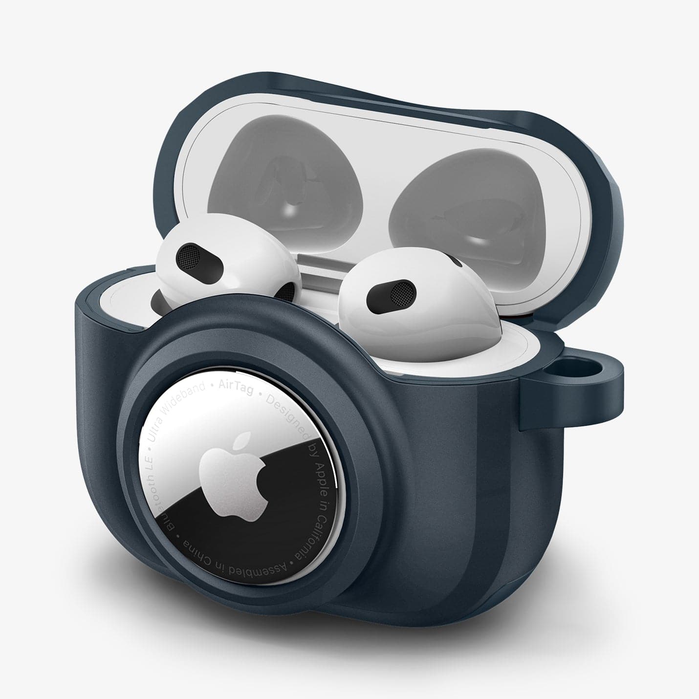 ACS04392 - Apple AirPods 3 Case Tag Armor Duo in metal slate showing the front and side with top open and AirPods inside