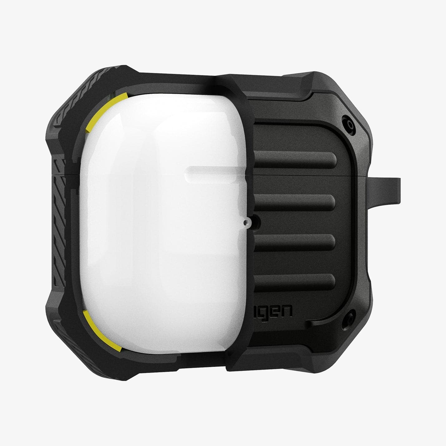 ASD01987 - Apple AirPods 3 Case Tough Armor in black showing the front with case cut half open
