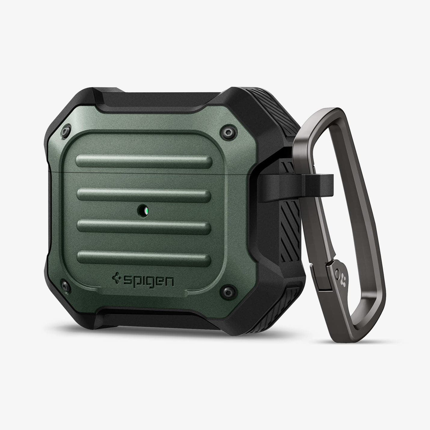 ASD01988 - Apple AirPods 3 Case Tough Armor in military green showing the front and carabiner
