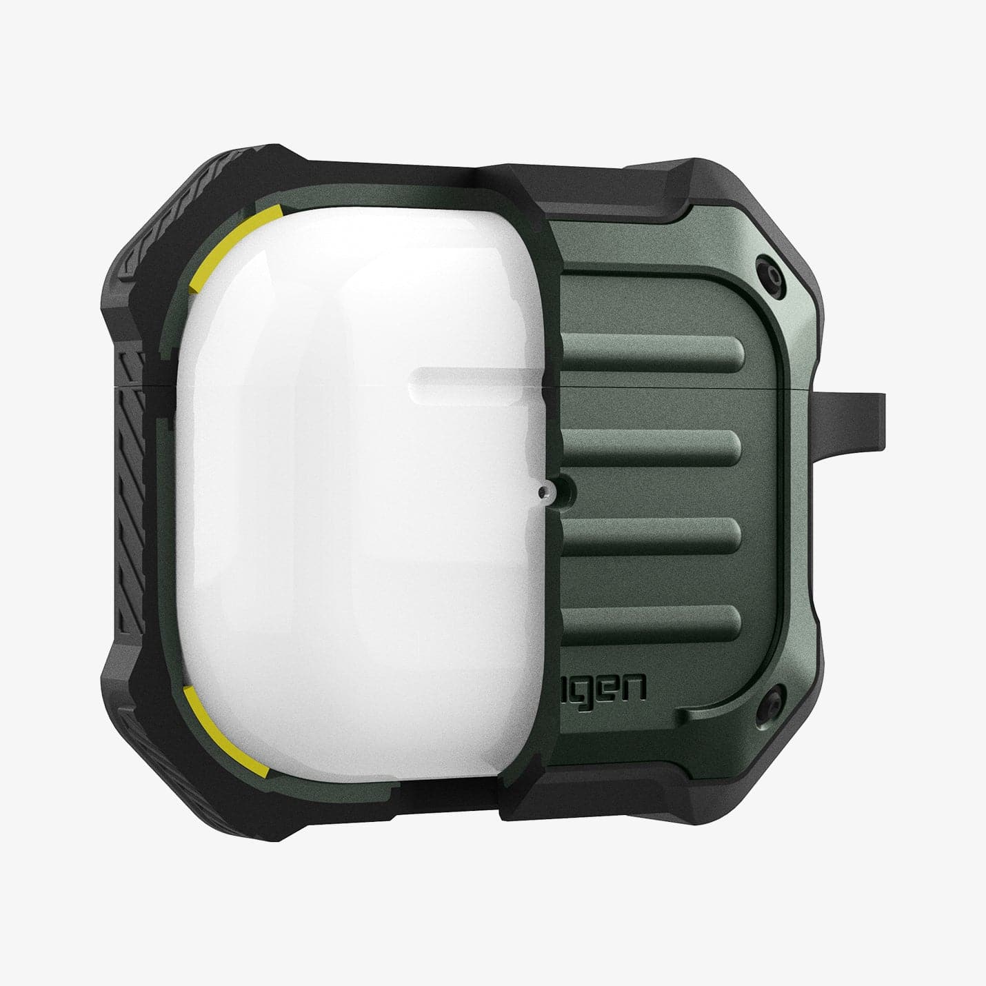 ASD01988 - Apple AirPods 3 Case Tough Armor in military green showing the front with case cut half open